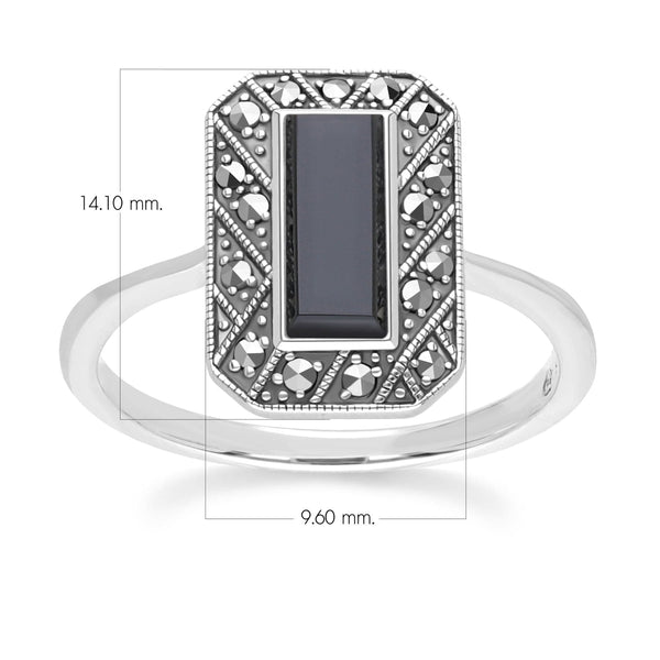 Gemondo Art Deco Style Rectangle Onyx And Marcasite Ring In Sterling Silver