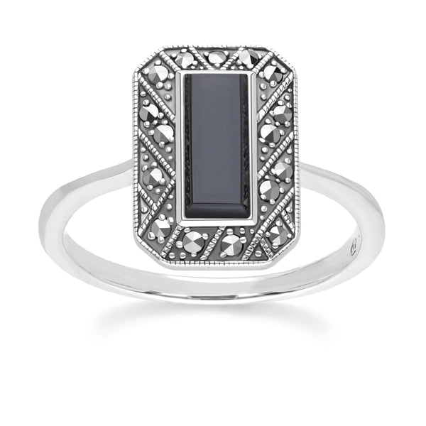 gemondo Art Deco Style Rectangle Onyx and Marcasite Ring in Sterling Silver