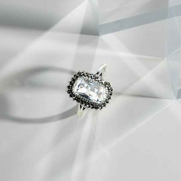 Gemondo Art Deco Style Rock Crystal & Marcasite Halo Cluster Ring In Silver
