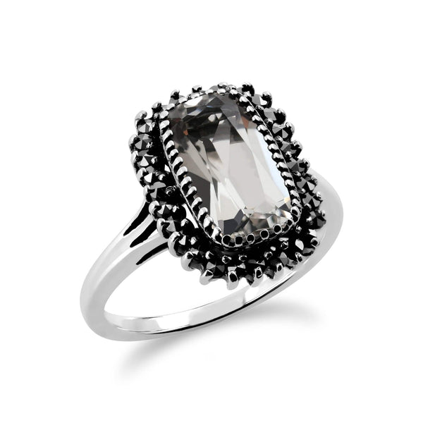 Gemondo Art Deco Style Rock Crystal & Marcasite Halo Cluster Ring In Silver