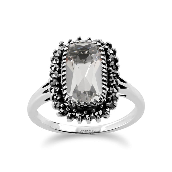 gemondo Art Deco Style Rock Crystal & Marcasite Halo Cluster Ring In Silver