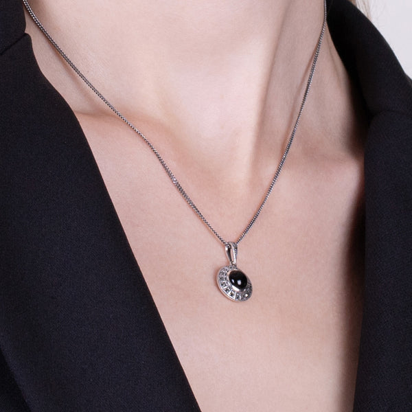 Gemondo Art Deco Style Round Black Onyx Cabochon & Marcasite Pendant In Sterling Silver
