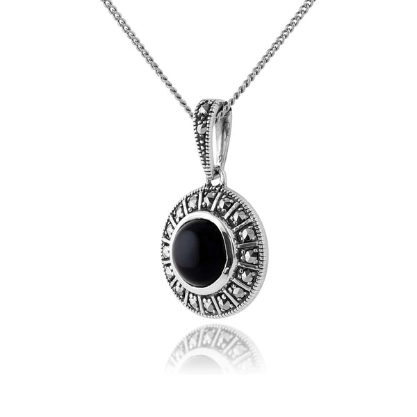 Gemondo Art Deco Style Round Black Onyx Cabochon & Marcasite Pendant In Sterling Silver