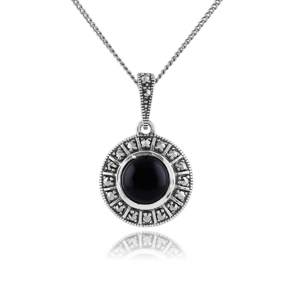gemondo Art Deco Style Round Black Onyx Cabochon & Marcasite Pendant In Sterling Silver