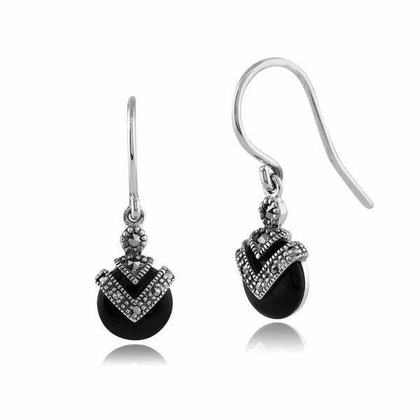 gemondo Art Deco Style Round Black Onyx & Marcasite Drop Earrings in 925 Sterling Silver