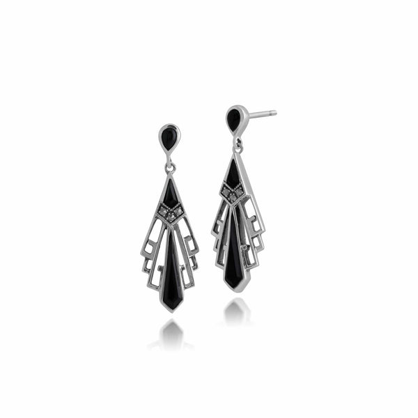 gemondo Art Deco Style Round Black Onyx & Marcasite Fan Drop Earrings in 925 Sterling Silver