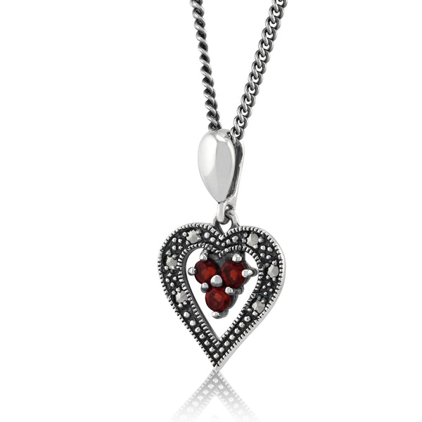 Gemondo Art Deco Style Round Garnet & Marcasite Pendant In 925 Sterling Silver