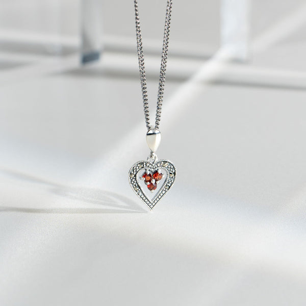 Gemondo Art Deco Style Round Garnet & Marcasite Pendant In 925 Sterling Silver