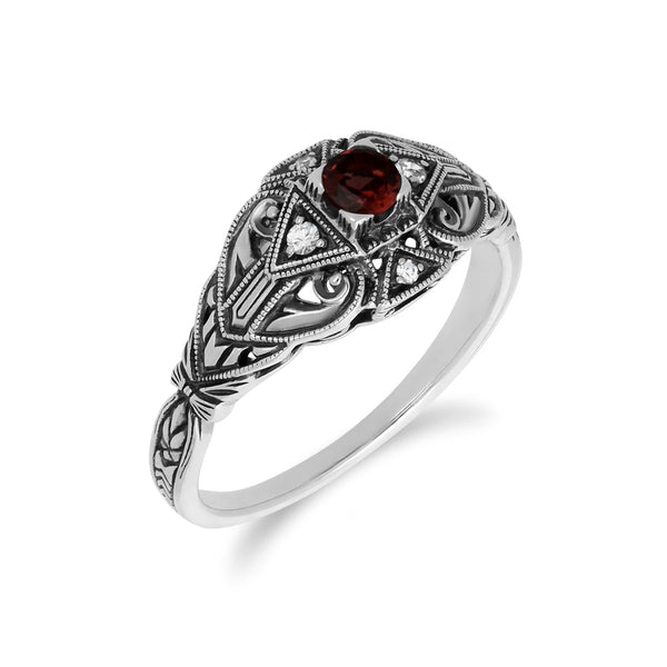 Gemondo Art Deco Style Round Garnet & White Topaz Ring In 925 Sterling Silver