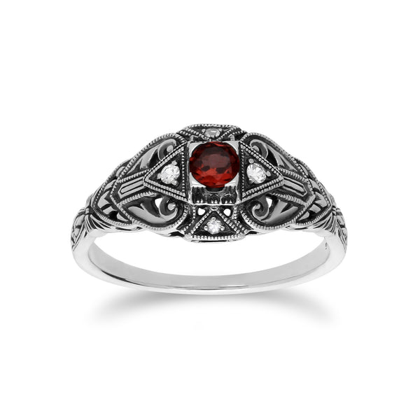 gemondo Art Deco Style Round Garnet & White Topaz Ring in 925 Sterling Silver