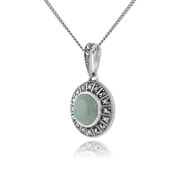 Gemondo Art Deco Style Round Green Jade Cabochon & Marcasite Pendant In 925 Sterling Silver