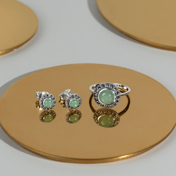 Gemondo Art Deco Style Round Green Jade Cabochon & Marcasite Halo Ring In 925 Sterling Silver