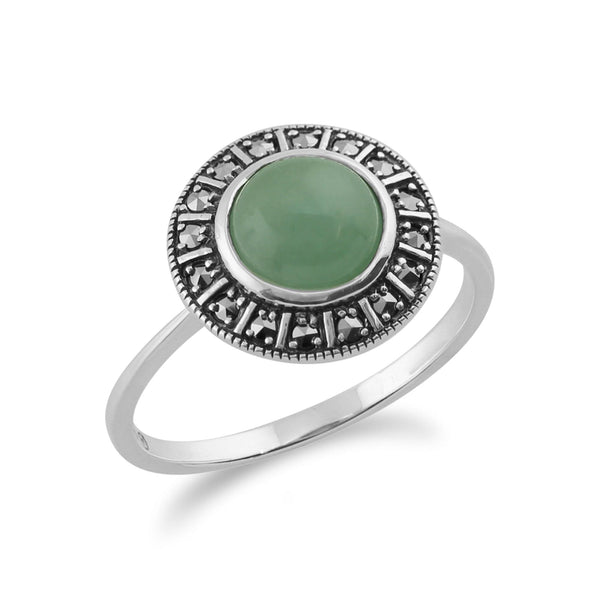 Gemondo Art Deco Style Round Green Jade Cabochon & Marcasite Halo Ring In 925 Sterling Silver