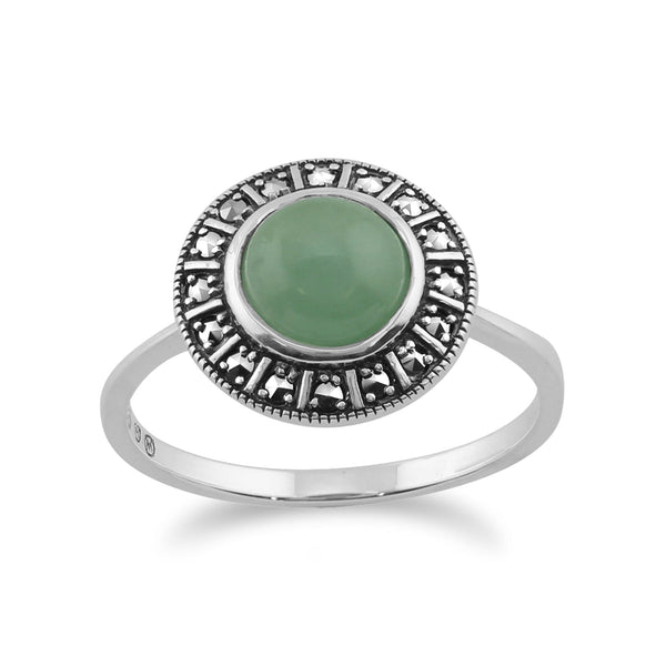 gemondo Art Deco Style Round Green Jade Cabochon & Marcasite Halo Ring in 925 Sterling Silver