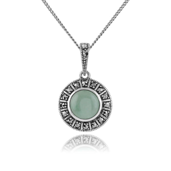 gemondo Art Deco Style Round Green Jade Cabochon & Marcasite Pendant in 925 Sterling Silver