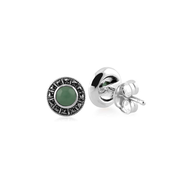 Gemondo Art Deco Style Round Green Jade & Marcasite Halo Stud Earrings In 925 Sterling Silver