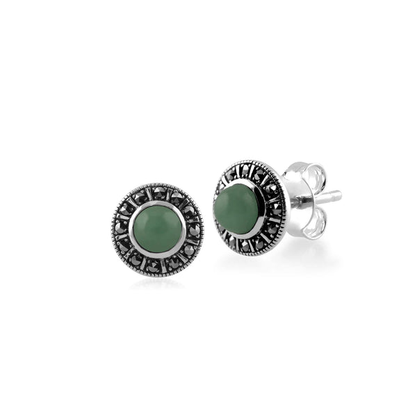 gemondo Art Deco Style Round Green Jade & Marcasite Halo Stud Earrings in 925 Sterling Silver