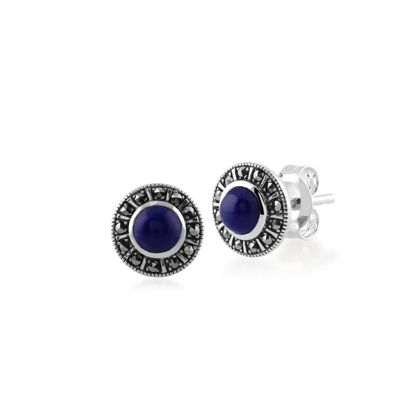 Gemondo Art Deco Style Round Lapis Lazuli & Marcasite Halo Stud Earrings & Pendant Set In 925 Sterling Silver