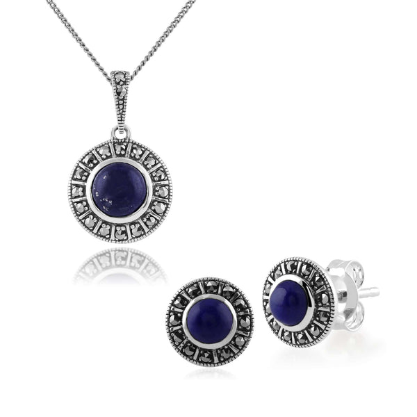 gemondo Art Deco Style Round Lapis Lazuli & Marcasite Halo Stud Earrings & Pendant Set in 925 Sterling Silver