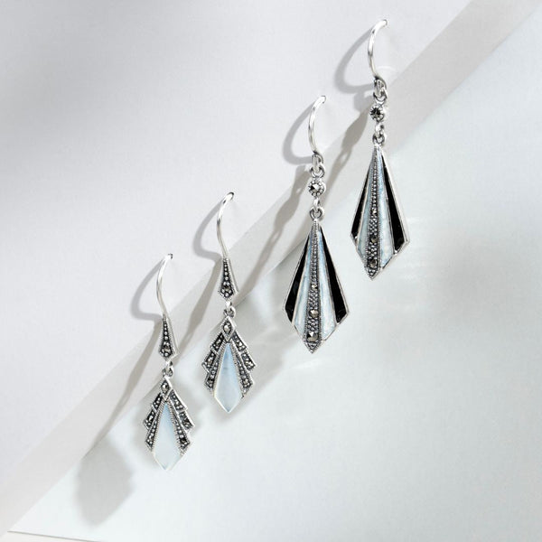 Gemondo Art Deco Style Round Marcasite Black & White Enamel Fan Drop Earring In 925 Sterling Silver