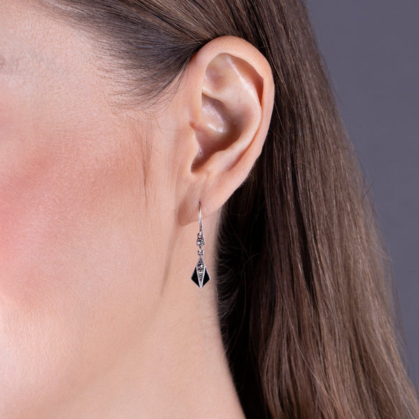 Gemondo Art Deco Style Round Marcasite & Enamel Drop Earrings In 925 Sterling Silver