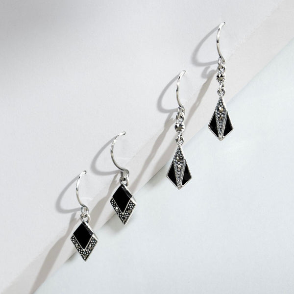 Gemondo Art Deco Style Round Marcasite & Enamel Drop Earrings In 925 Sterling Silver