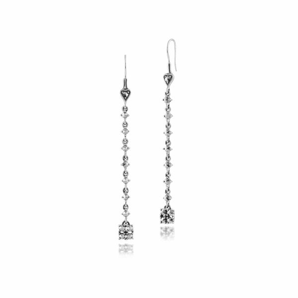 gemondo Art Deco Style Round Marcasite Long Dangle Drop Earrings in 925 Sterling Silver