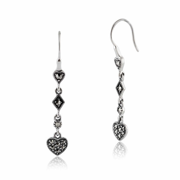 gemondo Art Deco Style Round Marcasite Pave Set Heart Drop Earrings in 925 Sterling Silver