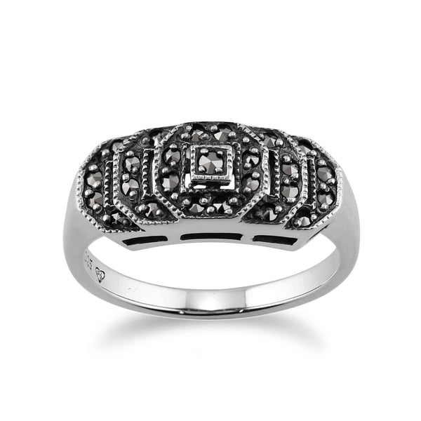 gemondo Art Deco Style Round Marcasite Stepped Ring in 925 Sterling Silver