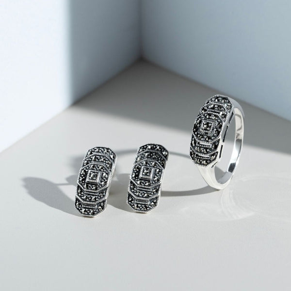 Gemondo Art Deco Style Round Marcasite Stepped Stud Earrings In 925 Sterling Silver