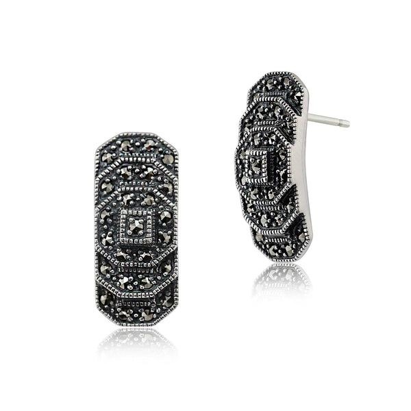 gemondo Art Deco Style Round Marcasite Stepped Stud Earrings in 925 Sterling Silver