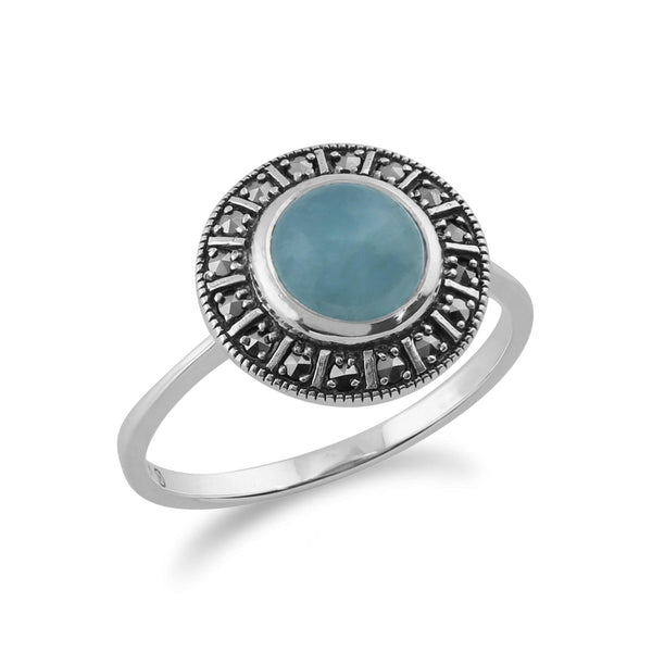 Gemondo Art Deco Style Round Milky Aquamarine Cabochon & Marcasite Silver Halo Ring