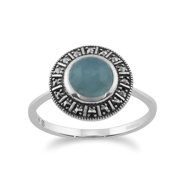 gemondo Art Deco Style Round Milky Aquamarine Cabochon & Marcasite Silver Halo Ring