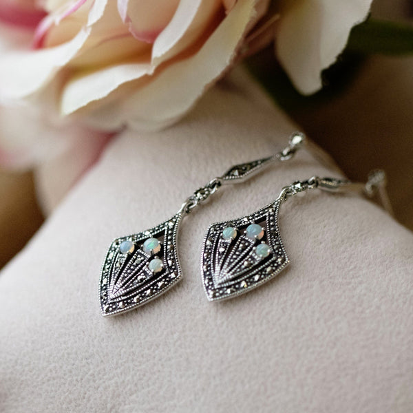 Gemondo Art Deco Style Round Opal Cabochon & Marcasite Drop Earrings In Silver