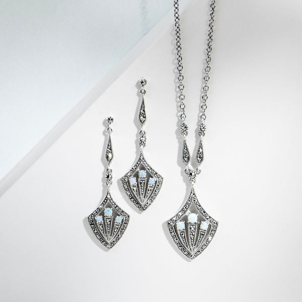 Gemondo Art Deco Style Round Opal Cabochon & Marcasite Drop Earrings In Silver