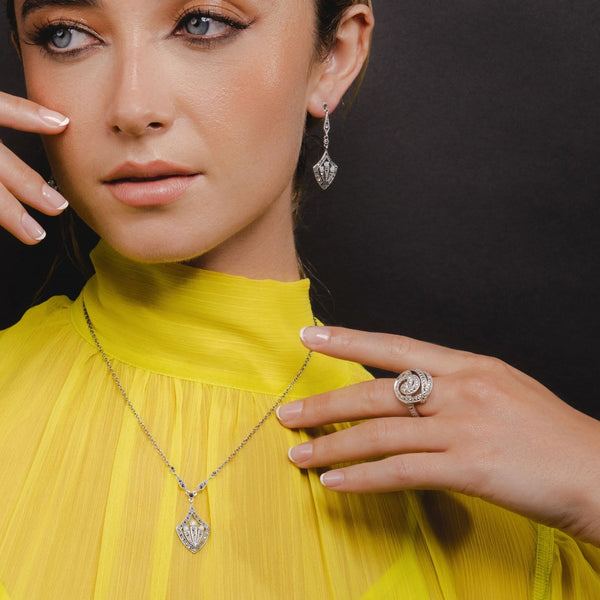 Gemondo Art Deco Style Round Opal Cabochon & Marcasite Necklace In Silver