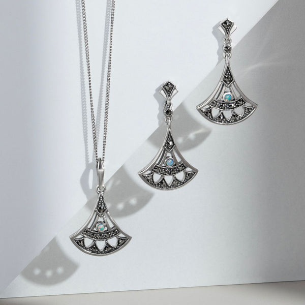 Gemondo Art Deco Style Round Opal & Marcasite Open Work Fan Drop Earrings In 925 Sterling Silver