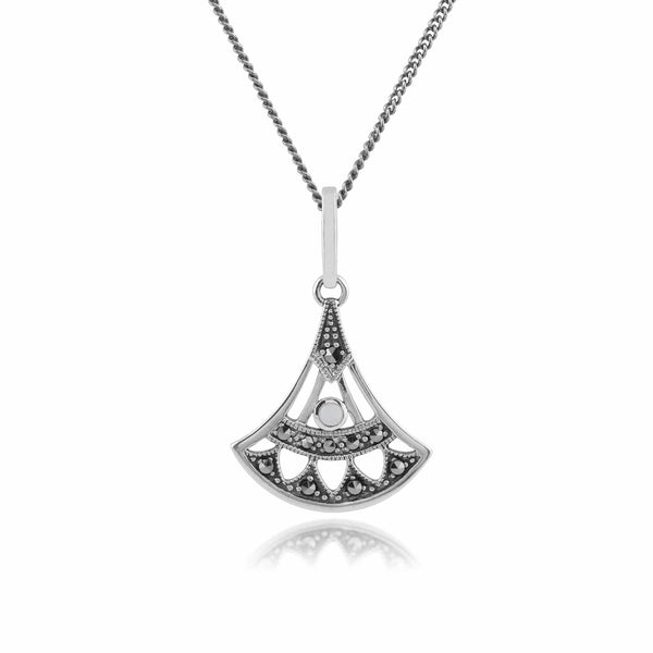 gemondo Art Deco Style Round Opal & Marcasite Open Work Fan Drop Pendant in 925 Sterling Silver