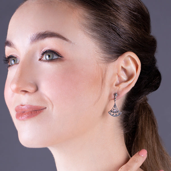 Gemondo Art Deco Style Round Opal & Marcasite Open Work Fan Drop Earrings In 925 Sterling Silver