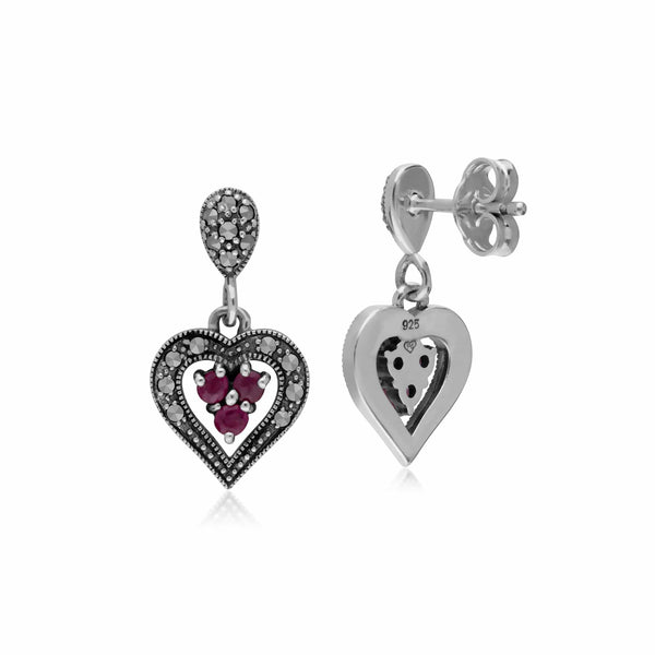 Gemondo Art Deco Style Round Ruby & Marcasite Heart Drop Earrings In 925 Sterling Silver