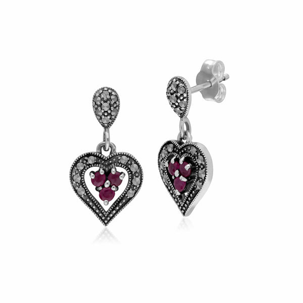 gemondo Art Deco Style Round Ruby & Marcasite Heart Drop Earrings in 925 Sterling Silver