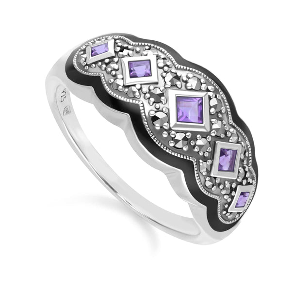 Gemondo Art Deco Style Square Amethyst Five Stone And Marcasite Ring In Sterling Silver