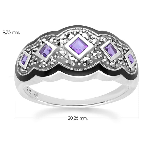 Gemondo Art Deco Style Square Amethyst Five Stone And Marcasite Ring In Sterling Silver