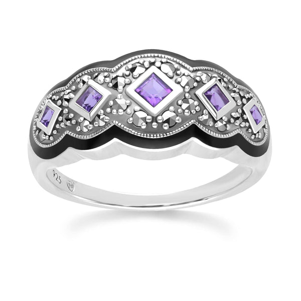 gemondo Art Deco Style Square Amethyst Five Stone and Marcasite Ring in Sterling Silver