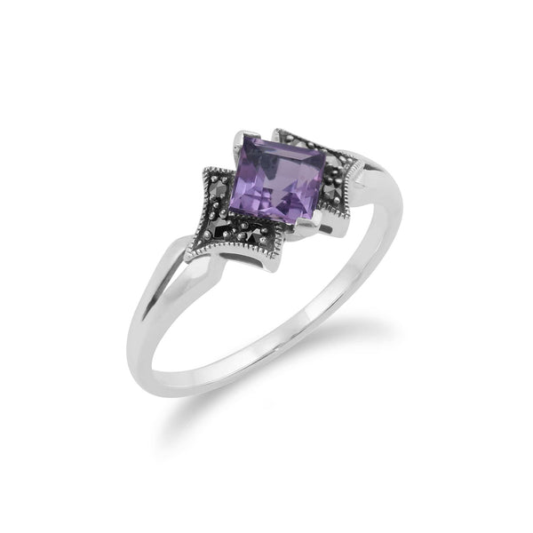 Gemondo Art Deco Style Square Amethyst & Marcasite Ring In 925 Sterling Silver