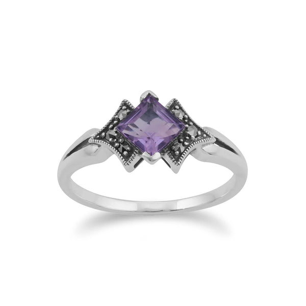 gemondo Art Deco Style Square Amethyst & Marcasite Ring in 925 Sterling Silver
