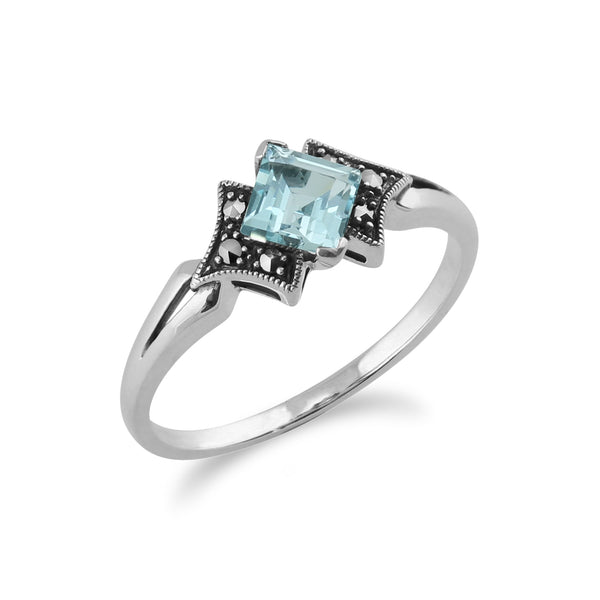 Gemondo Art Deco Style Square Blue Topaz & Marcasite Ring In 925 Sterling Silver