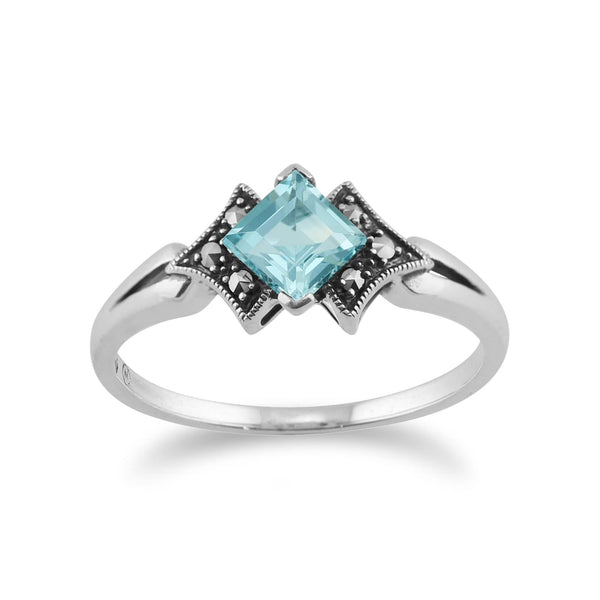 gemondo Art Deco Style Square Blue Topaz & Marcasite Ring in 925 Sterling Silver