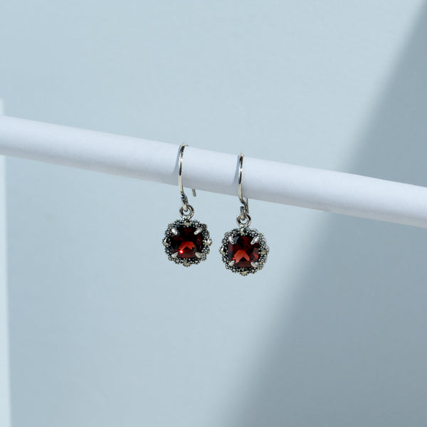 Gemondo Art Deco Style Square Cushion Garnet & Marcasite Drop Earrings In 925 Sterling Silver