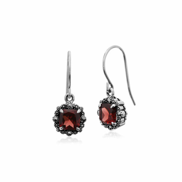 gemondo Art Deco Style Square Cushion Garnet & Marcasite Drop Earrings in 925 Sterling Silver